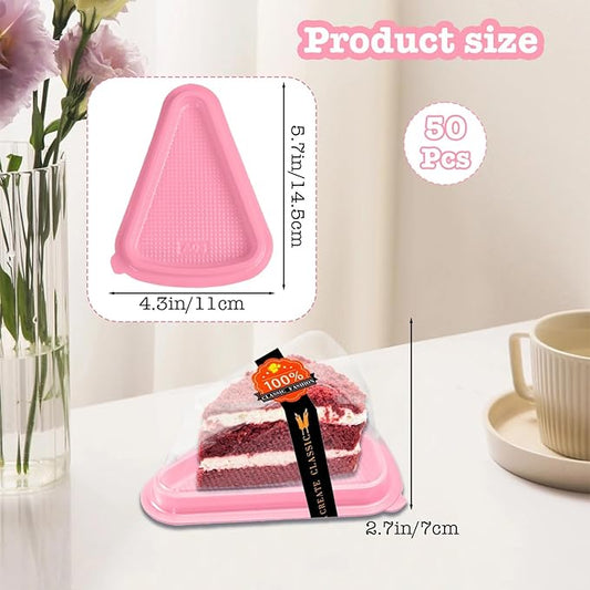 Cake Slice Container, 50 Pack Clear Plastic Cake Containers Cheesecake Container Pie Slice Box, Individual Pie Slice Box Disposable Cheesecake Containers For Pies Snack Dessert (Pink)