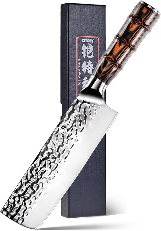 Kitory Nakiri Knife, Japanese Style Usuba Kitchen Knife, HC German Stainless Steel, Hammered Ultra Sharp Blade,Bamboo Shape Handle Cooking Cutlery 2025 Gifts for Home & Restaurant