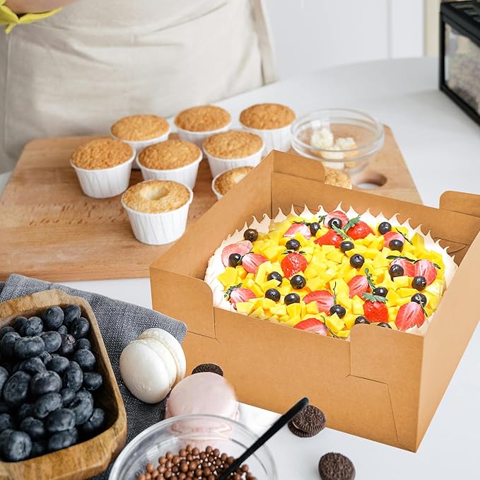 16Pcs 12x12x6 Inch Cake Boxes with Cake Boards (8Pcs Brown Cake Boxes, 8Pcs Cake Boards), Bakery Boxes with Window, Cake Carrier Container for Birthday Party, Wedding