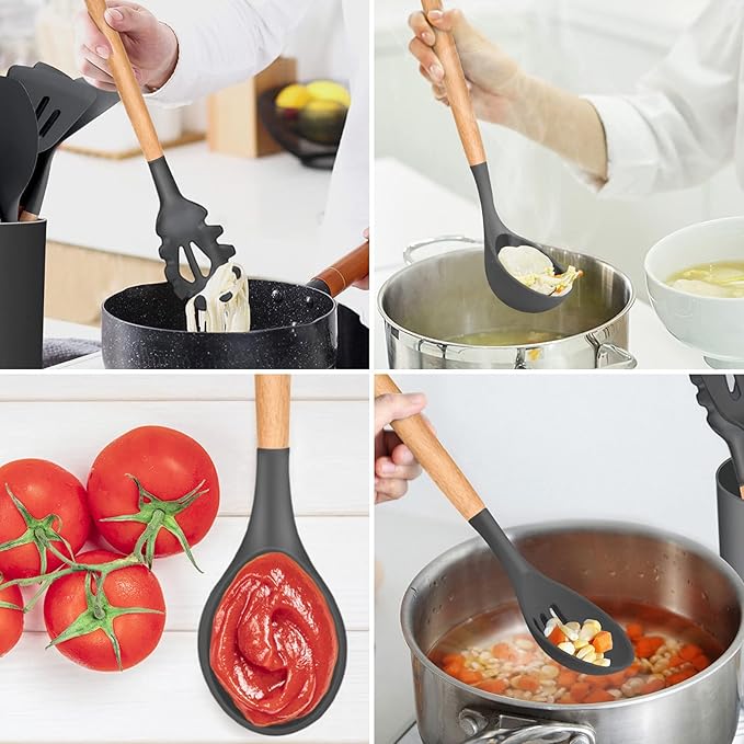 Kitchen Utensils Set of 12, E-far Silicone Cooking Utensils with Holder, Non-stick Cookware Friendly & Heat Resistant, Includes Spatula Tong Whisk Ladle Brush Slotted Turner Spoon(Gray)