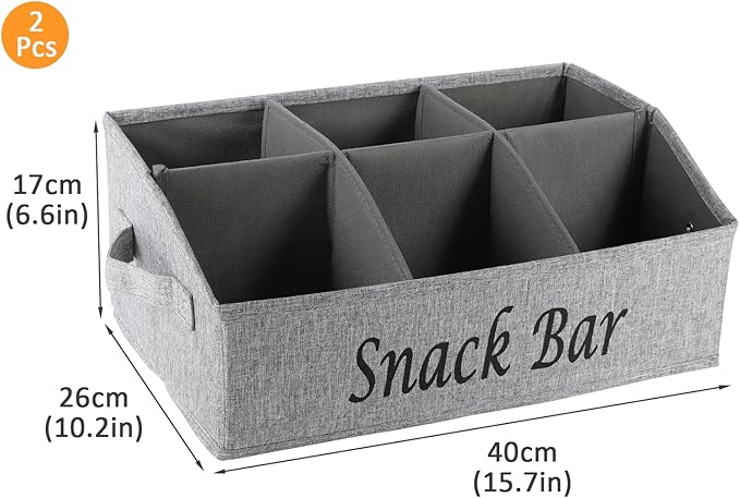 2 Pack Countertop Snack Organizer, Fabric Snack Box Basket with Handles, 6 Compartment Kitchen Cabinet Pantry Organizer and Storage - Grey