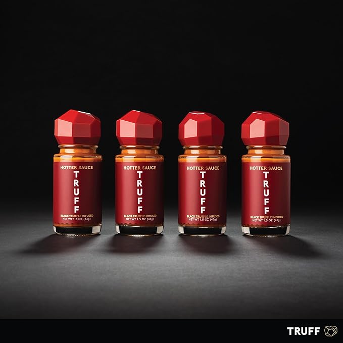 TRUFF Hotter Sauce 4-Pack Mini Set, Portable Travel Bottles of Gourmet Hot Sauce, Black Truffle and Chili Peppers, Gift Idea for the Hot Sauce Fans, An Ultra Unique Flavor Experience (1.5 oz, 4 count)