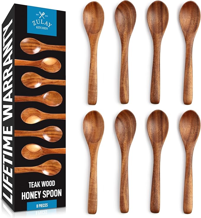 Zulay Kitchen Teak Wood Small Honey Spoons Set โ 8 Piece Mini Wooden Honey Dippers, Handcrafted Natural Teak Wood, Durable, Smooth Finish & Food-Safe Design