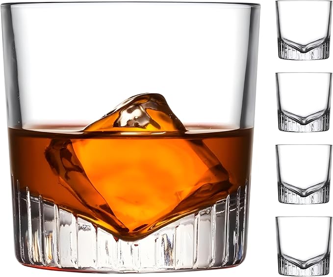 NUDE Whiskey Glasses Set of 4 – Caldera 9.25 oz Lead-Free Crystal Old Fashioned Rocks Glasses for Whisky, Scotch & Bourbon – V-Shape Motif Base, Dishwasher Safe Barware