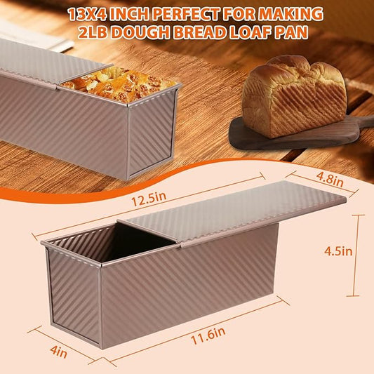 Non-Stick Pullman Loaf Pan with Lid 13x4 Inch - 2.2lb Carbon Steel Bread Baking Pan with 4 Vent Holes, Heavy Duty Sourdough Loaf Pan with Cover for Homemade Sandwich Bread (Gold)
