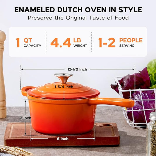 Onader Enameled Cast Iron Sauce Pan Pot, 1QT Saucepan with Lid, Small Enamel Dutch Oven Kitchen Cooking Pot – Sunset Orange