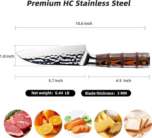 5.5" Santoku Knife, Pro Chefs Kitchen Knives, HC Stainless Steel, Hammered Ultra Sharp Blade, Bamboo Shape Handle Cooking Cutlery 2025 Gifts for Home & Restaurant