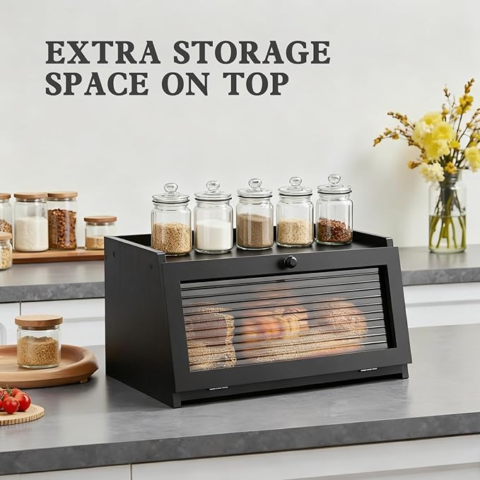 Bread Box for Kitchen Countertop Large Bread Box Farmhouse Bread Container Bread Storage with Window Bread Holder Black