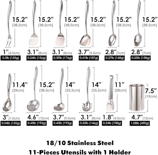 18/10 Stainless Steel Kitchen Utensils Set with Holder - 15″ Spatula Spoon Set with Storage Organizer for Countertop, Fork, Tongs, Spatula, Ladle, Skimmer, Turner, Spaghetti, Large Spoon Set of 12