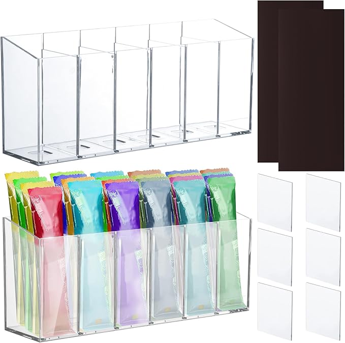 2 Pcs Acrylic Drink Packet Organizer, Mountable Water Drink Packet Holder with Adhesive & Magnetic Sticker, Wall Mount Drink Storage Bins with Removable Divider for Table Refrigerator Cabinets Pantry