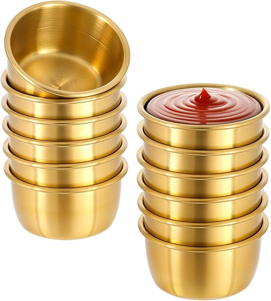 12 Pcs Stainless Steel Dipping Sauce Cup Ramekin Sauce Dipping Bowl Mini Saucers Dishes Plates Round Dipping Bowls for Ketchup Dressing Home Party Restaurant Kitchen, Gold, 2 oz