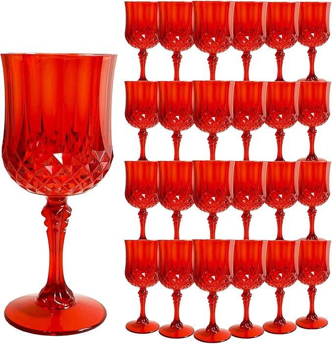 Plastic Wine Glasses,Plastic Goblets Vintage Style Cordial Drinking Glasses for Wedding Reception, Christmas Grand Event Party Supplies (24, Red)