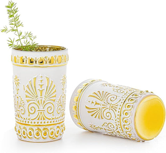 Sungmor Vintage White and Gold Tumblers - Set of 2 Embossed Glasses, 10.8 oz Decorative Drinking Cups for Water, Juice or Cocktails - Elegant Baroque Glassware for Party or Special Occasions
