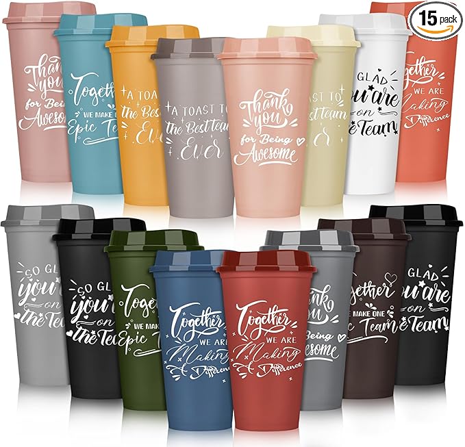 Pickmesh 15 Pcs Employee Appreciation Gifts Christmas Thank You Gift for Team Building 16 oz Teacher Plastic Coffee Cup with Lid Inspirational Travel Tumbler for Coworker Staff Pastor (Varicolored)