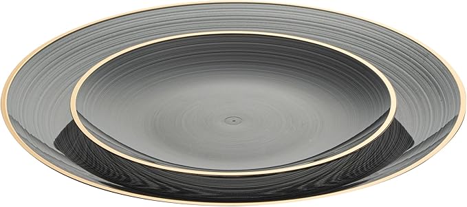Restaurantware Plastic Plates 200 Pcs 7.13" and 10" Combo Gold Rimmed Plate Set Disposable Heavy-Duty Black Translucent Rippled Plastic Dinner Servers for Party, Weddings, Salads, Desserts