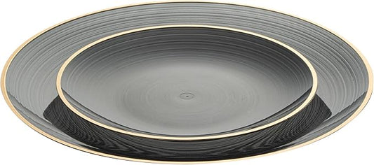 Restaurantware Plastic Plates 40 Pcs 7.13" and 10" Combo Gold Rimmed Plate Set Disposable Heavy-Duty Black Translucent Rippled Plastic Dinner Servers for Party, Weddings, Salads, Desserts