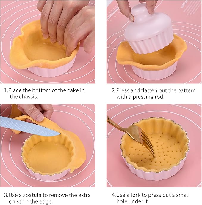 Mini Round Tart Pan with Removable Bottom, Nonstick Mini Pie Pans for Baking, Carbon Steel Quiche Pan Set for Cupcake Muffin Cakes and Desserts, Including 6 Tart Pan and 1 Tart Tamper (Pink)
