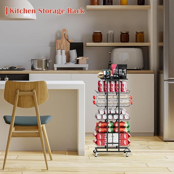 smusei Water Bottle Organizer 5 Tier Metal Water Bottle Storage Rack with Lockable Wheels Bottled Water Holder for Floor, Mobile Beverage Drink Stand Soda Can Shelf for Kitchen, Living Room, Office