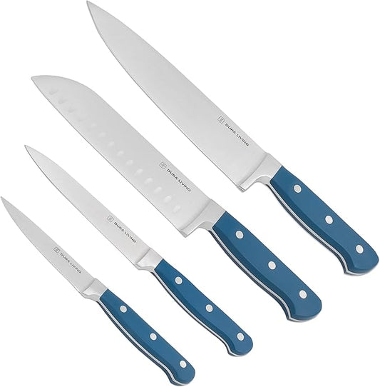 Chef's Knife Set, 4 Piece Cutlery Knife Set, Superior Forged High Carbon Stainless Steel Ultra Sharp 8 Inch Chef, 7 Inch Santoku, 5 Inch Utility, 3.5 Inch Paring Knives, Royal Blue
