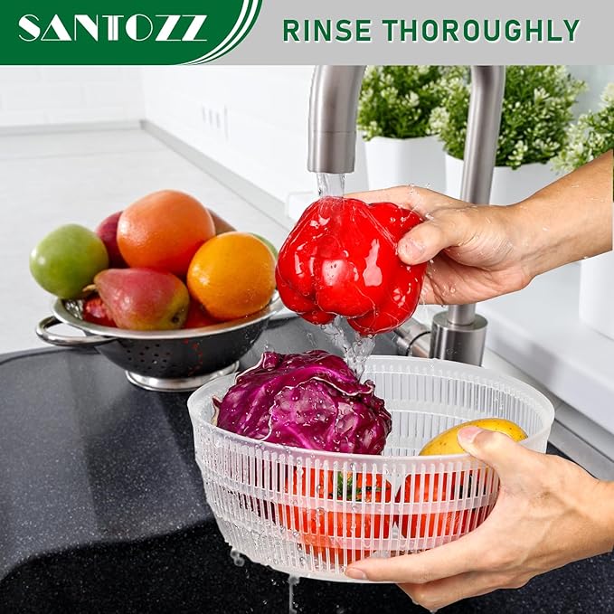 Santozz Rotary Salad Spinner with Bowl 4.2Qt, Lettuce Dryer, Vegetable Washer, Colander and Build in Draining System for Washing, Draining Vegetables, Greens and Fruits