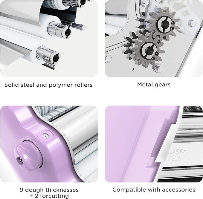 PASTALINDAClassic 200 Pasta Maker Machine, 20 cm Wide Rollers, 9 Thickness Positions, 2 Cutting Positions, Stainless Steel. Includes Reinforced Hand Crank And Two Clamps