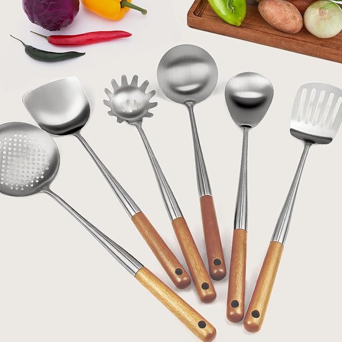 16.6 inch Stainless Steel Kitchen Utensils Set with Wood Handle, 6pcs Long Metal Cooking Utensils Set for Commercial Includes Wok Spatula, Ladle, Skimmer, Slotted Turner, Spoon