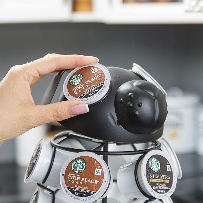 Made Easy Kit Carousel Coffee Pod Holder, Compatible with Keurig K-Pods K-Cups, Countertop Rack Storage Organizer, Metal Home and Kitchen Decor, Capsule Café Station Bar (Small, Black Dog)