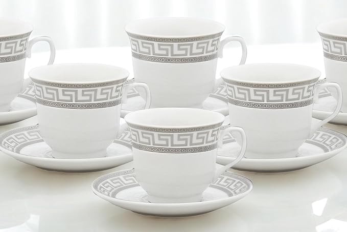 Porcelain Tea Cup and Saucer Set - 12 Piece White and Silver Greek Key Design - 6.5 oz Cups, 5.5 inch Saucers - Vintage Tea Set For Adults, Elegant Party Tea Cup Set (Meander Silver)