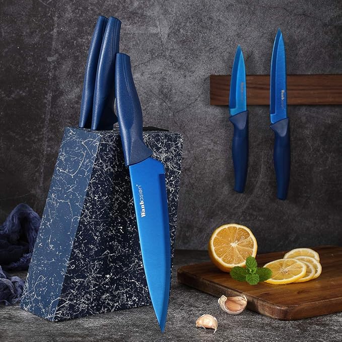Wanbasion Blue Stainless Steel Knife Set, Sharp Kitchen Knife Set Professional, Kitchen Knife Set Dishwasher Safe with Covers for Cooking