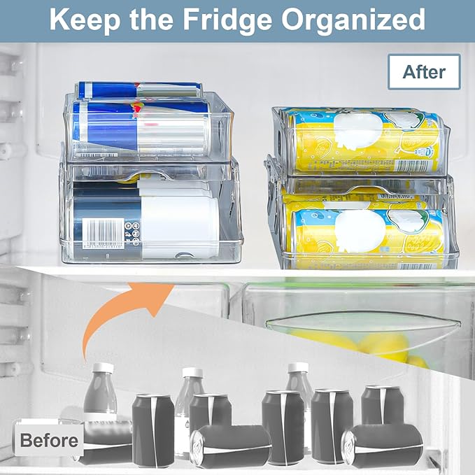 1PC Soda Can Organizer for Refrigerator & Pantry, Space Saving Auto-Rolling Stacking Can Dispenser Holds 12 Cans, Fits Skinny/Standard/Tall Cans, Clear Fridge Can Holder Storage for Kitchen, Office