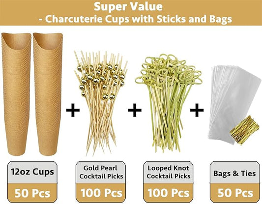 CAMKYDE 50 Sets Disposable Charcuterie Cups with Sticks and Bags, 12 oz Brown Kraft Paper Snack Appetizers Cup French Fry Holder with Cocktail Picks Toothpicks (50 Cups+50 Bags+200 Sticks)