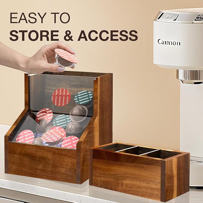 Acacia Wood Coffee Pod Holder, Convenient K Cup Organizer with Clear Window, Coffee Pod Organizer with Top Removable Dividers