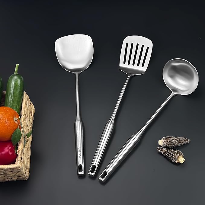 18/8 Stainless Steel Kitchen Utensils Set, 6 PCS 15in Metal Cooking Utensil Gadgets Tools Set with Spatula, Deep Ladle, spoon, Skimmer, Pasta Server, Slotted Spatula Turner, Dishwasher Safe (6Pack)