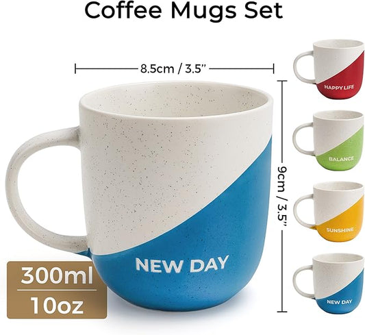 MIAMIO - Coffee Mug Set of 4 x 10 oz/Inspirational Coffee Cups with Sayings/Gifts for Wife, Husband, Women, Men, Family, Friends/Microwave and Dishwasher Safe (Happy Life)