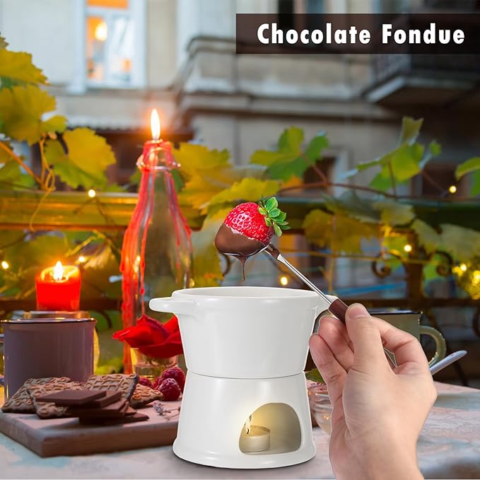 300ML Ceramic Butter Warmer Set with 2 Forks, White Fondue Pot Melting Pot Set, Melt Hot Pot Bowl Set for Cheese Chocolate Butter Caramel