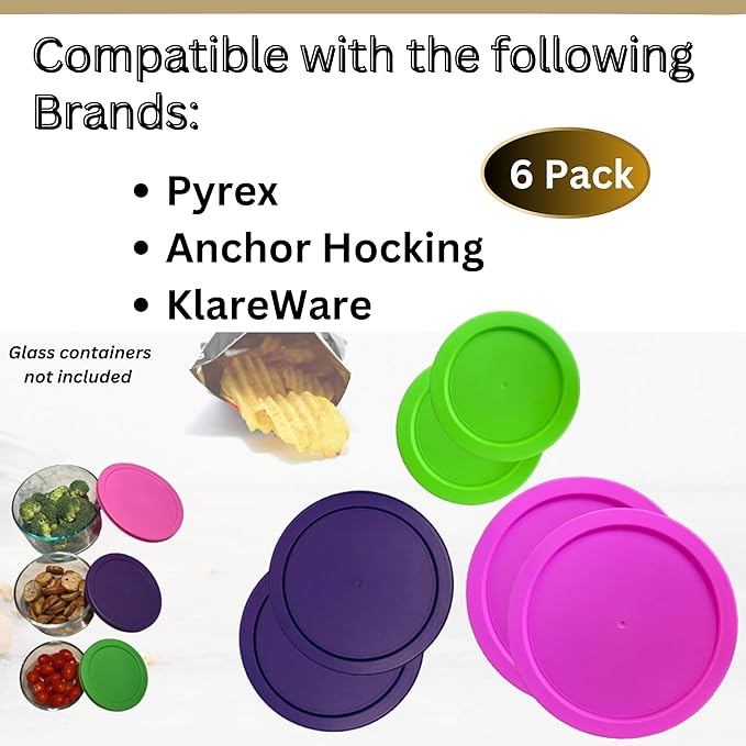 1, 2 & 4 Cup Round Plastic Replacement Lids for Pyrex, Anchor Hocking & KlareWare *Containers Not Included* (Spring Green, Purple, Pink, 6-Pack)
