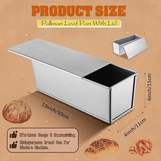 2 Pack Pullman Loaf Pan with Lid, 13x4 Inch Large Capacity Bread Loaf Pan with Cover, Non-Stick Bakeware for Baking and Toasting
