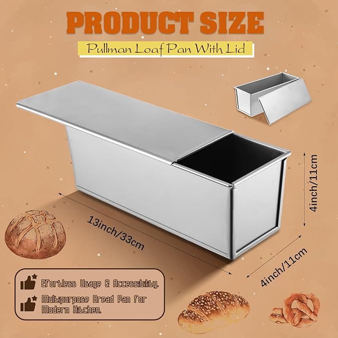 1 Pack Pullman Loaf Pan with Lid, 13x4 Inch Large Capacity Bread Loaf Pan with Cover, Non-Stick Bakeware for Baking Bread, Carbon Steel Bread Toast Box with Cover, Pullman Loaf Pan for Sandwich Bread