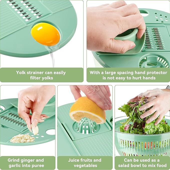 YUANYE Salad Spinner Large, 3 IN 1 Vegetable and Fruit Washing Bowl with Strainer, Lettuce Spinner with 5 Blades Slicer, Egg Yolk Strainer, Salad Bowl for Efficient Salad Preparation, 5.3 Qt