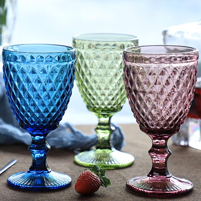 ZOOFOX Set of 6 Vintage Wine Glasses, 10 oz Colored Glass Goblet with Stem, Diamond Design Embossed Glassware for Baby Shower, Wedding, Party, Holiday