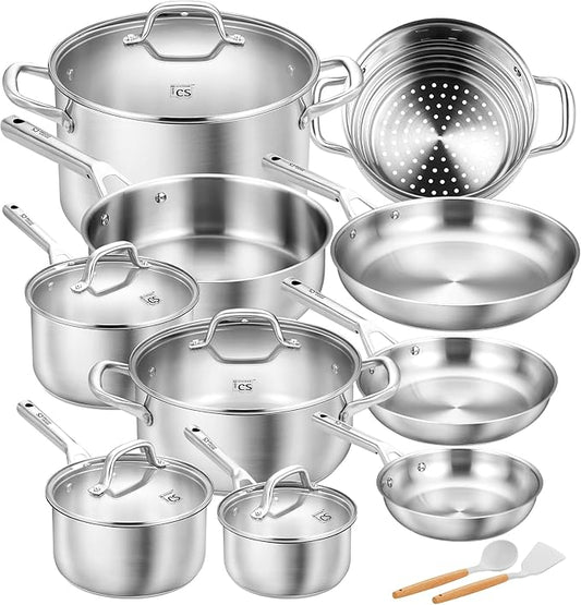 KOCH SYSTEME CS Stainless Steel Cookware Set 17 Piece, Professional 18/10 Stianless Steel Pots and Pans Set, 5-Layer Base, Oven & Induction Safe, Non-Toxic Kitchen Cookware Set for Family Cooking
