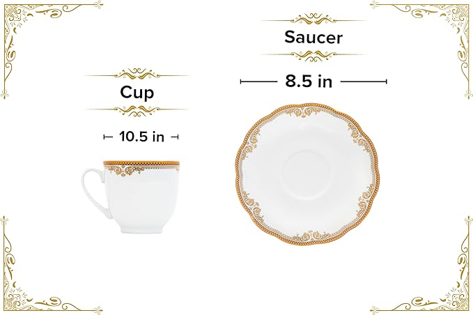 Porcelain Tea Set, 12 Piece - Elegant White with Gold Floral Edge Design - 5.5 Inch Saucers, 6.5 oz Cups - For Adults Tea Party or Everyday Dinnerware (Floral Gold)