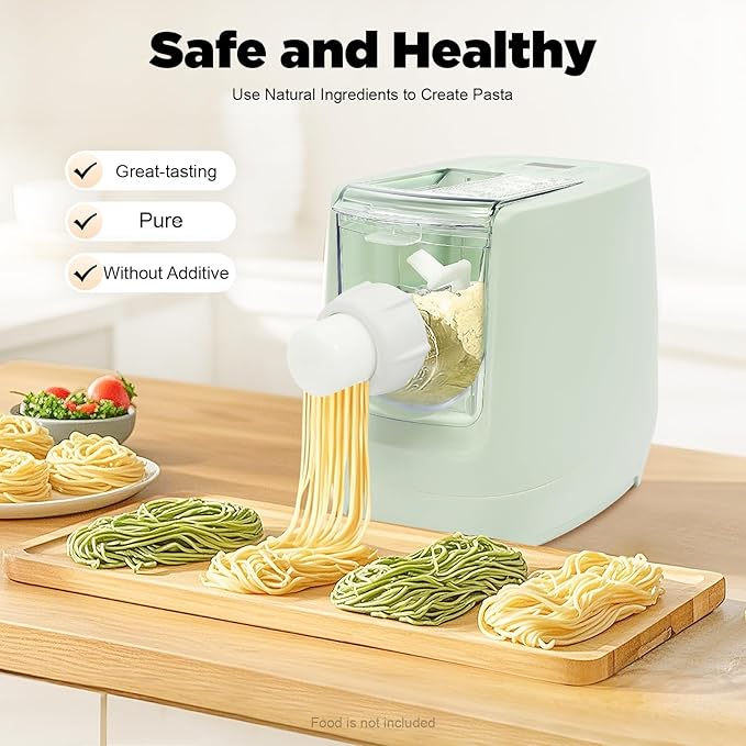 Electric Pasta Maker Machine, 260W Automatic Noodle Maker with 13 Pasta Shapes, Compact & Fast 3-Minute Pasta Machine for Home Kitchen, LED Display, Dishwasher Safe, Green
