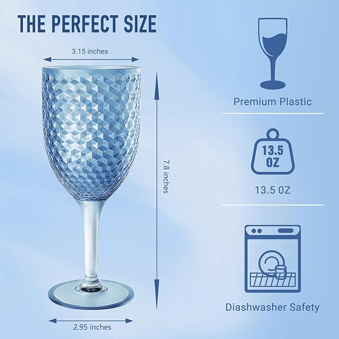 12PCS Blue Plastic Wine Glasses 13oz,Acrylic Goblets Toasting Glassware,Unbreakable Cups Drinking Glasses for Bar Party,Wedding