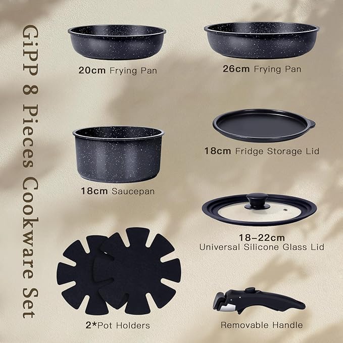GiPP Ceramic Non Stick Pots and Pans Set,Nonstick Detachable Handle Cookware Sets,Healthy Non Toxic PFAS PFOA & PTFE Free, Dishwasher &Oven Safe, Induction Kitchen Pot and Pan, 8 Piece Grey
