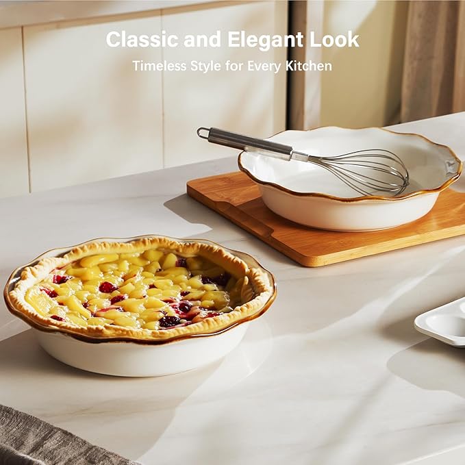 ONEMORE 9-Inch Deep Dish Pie Pan - Ceramic Pizza Pan for Oven, Baking Chicken Pot Pie, Quiche & Tarts - Rustic White Dish for Perfectly Crispy Crust, Large Ruffled Baking Plate