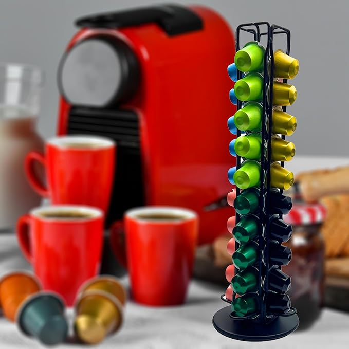 Carousel Kcup Organizer For Countertop Hold 40 Original Line Capsules Pods Black Steel Kpod Coffee Pods Holder For Breakroom, Office, Coffee Station