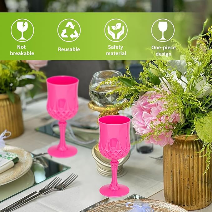 Plastic Vintage Wine Glasses 7OZ Plastic Goblets Vintage Drinking Glasses 48PCS Retro Wedding Glassware Water Goblets Reusable Drinking Cups for Party,Reception,Celebration,Bar,Whiskey(Rose Pink)