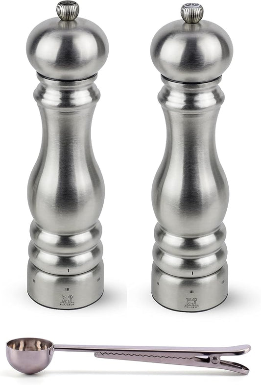 Peugeot Paris u'Select 6 Setting Manual Stainless Steel Salt & Pepper Mill Set With Stainless Steel Spice Scoop Made In France (9- Inch)