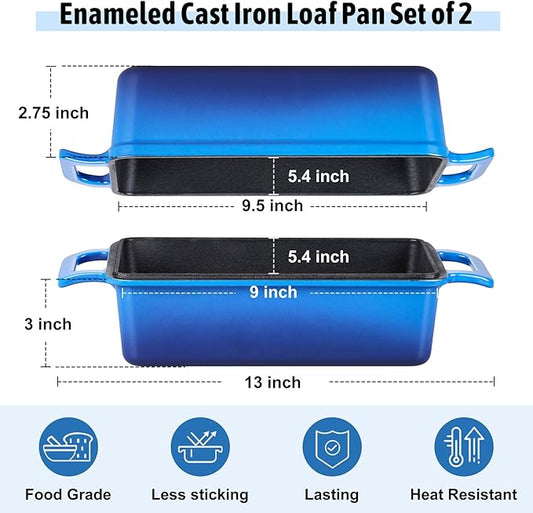 P&P CHEF 2 In 1 Enameled Cast Iron Loaf Pan with Lid, 9 x 5 Inch Bread Loaf Pans for Baking Homemade Sourdough Bread, Meatloaf, Toast, Cake, Nonstick & Healthy & Sturdy, 2 Piece Set - Blue